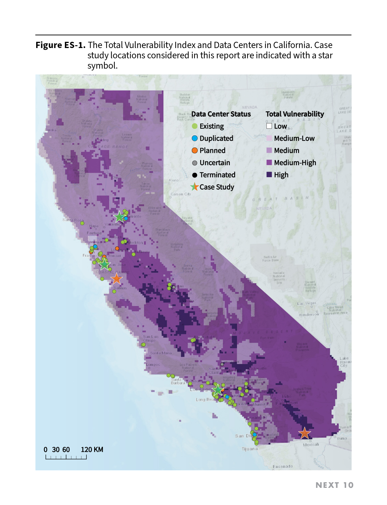 Figure ES-1. The Total Vulnerability Index and Data Centers in California